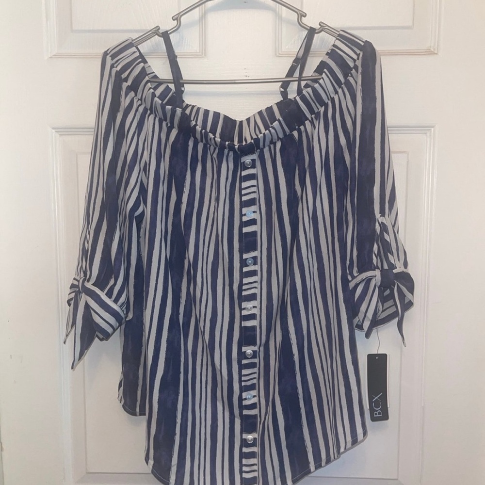 BCX women’s Navy & White Striped Off-Shoulder Button Front Blouse